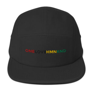 "Black snapback hat with colorful one love embroidered design.".