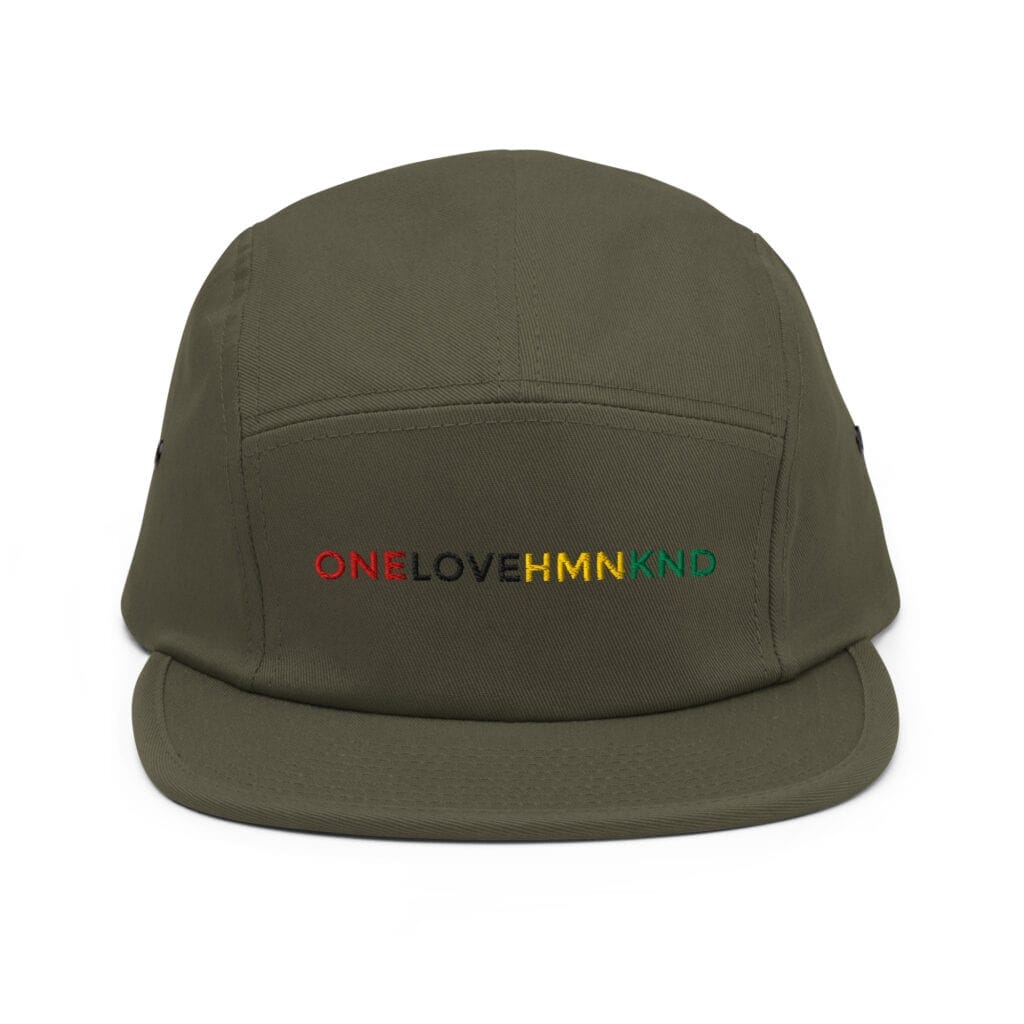 Bold olive green cap with multi-color embroidery celebrating love and unity.
