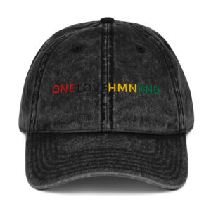 ONELOVEHMNKND black distressed baseball cap with embroidered rainbow text.